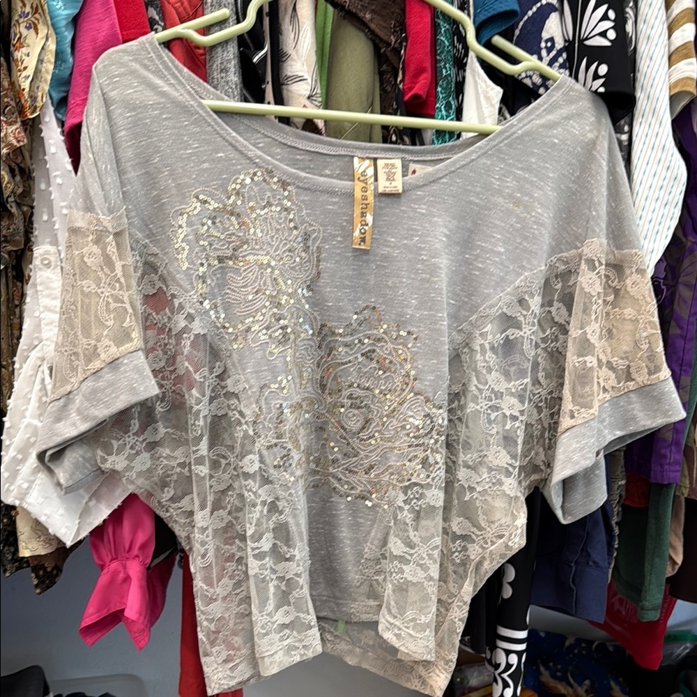 Gray Lace Embellished Women's Top With Sequins by Eyeshadow size M